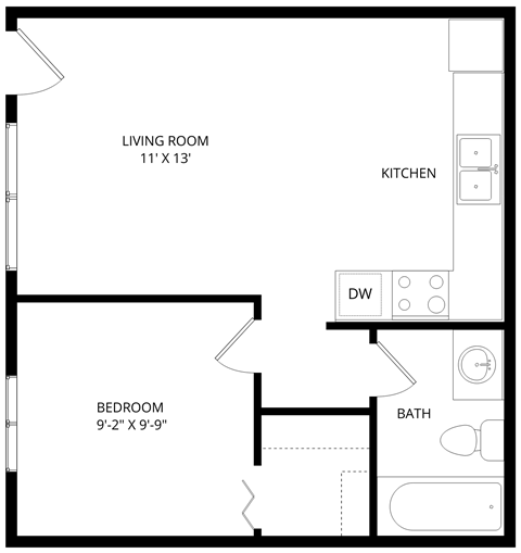 Floor plan for 1 bed, 1 bath, 420 sqft